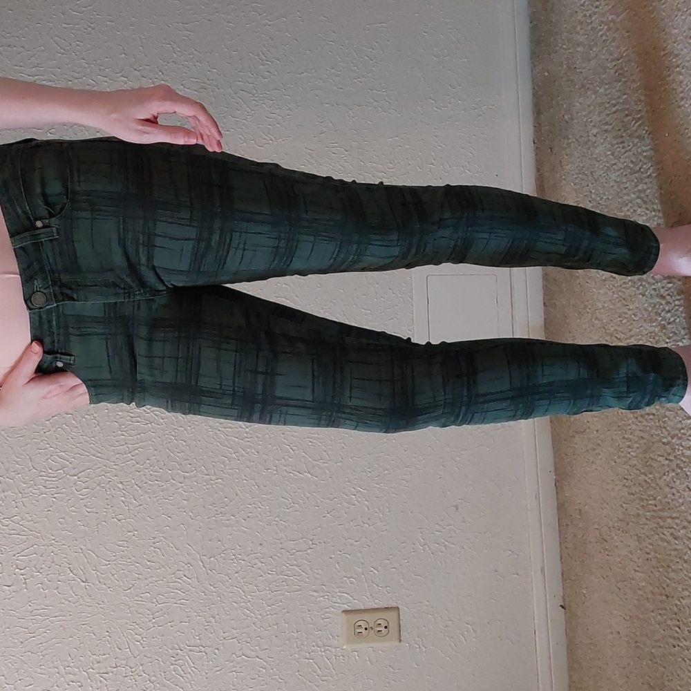 Green plaid paige denim skinny jeans